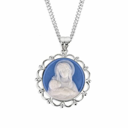 Light Blue Sterling Silver Madonna and Child Cameo Miraculous Medal