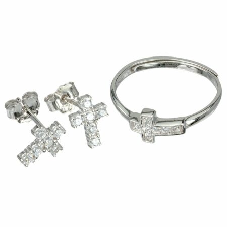 Sterling Silver Cubic Zirconia Cross Earring and Ring Set