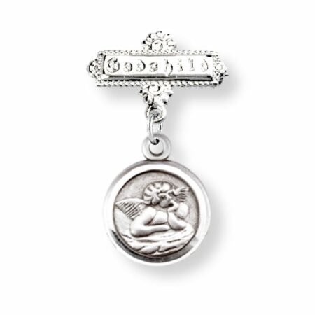 Guardian Angel Round Sterling Silver Medal on a Godchild Bar Pin