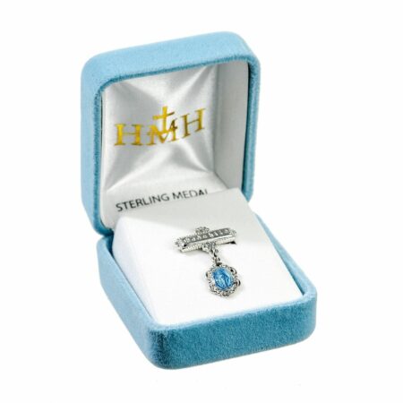Sterling Silver Fancy Edge Blue Miraculous Medal on a Godchild Bar Pin