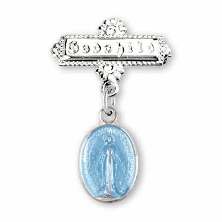 Blue Enameled Oval Sterling Silver Baby Miraculous Baby Medal on a Godchild Bar Pin