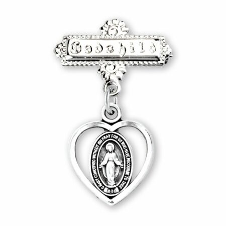 Sterling Silver Pierced Heart Baby Miraculous Medal on a Godchild Pin