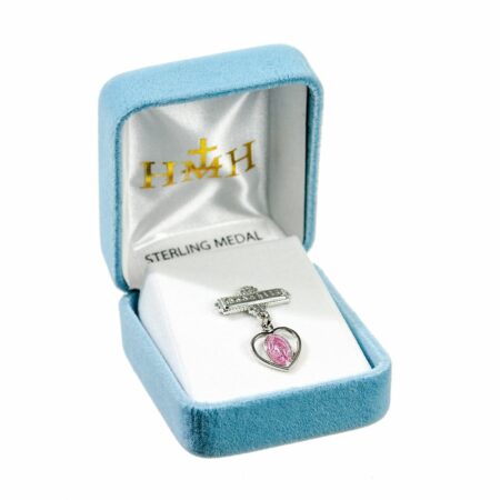 Sterling Silver Pierced Heart Baby Miraculous Medal Pink on a Godchild Pin