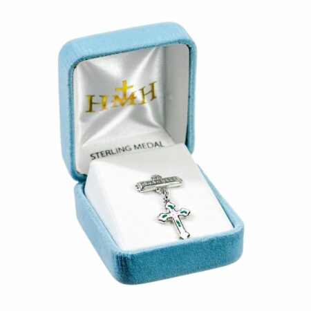 Sterling Silver Rosebud White Enameled Baby Cross on a Godchild Bar Pin