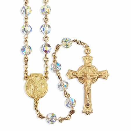 Gold Over Sterling Silver Rosary Created with Swarovski Crystal 7mm Aurora Borealis Faceted Beads by HMH