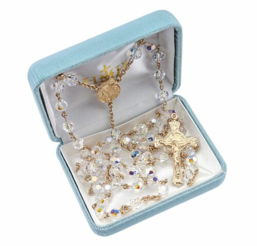 Gold Over Sterling Silver Rosary Created with Swarovski Crystal 7mm Aurora Borealis Faceted Beads by HMH - Image 2