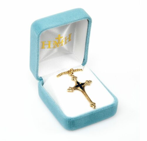 Gold Over Sterling Silver Cross with Blue Enameled Center - Image 3