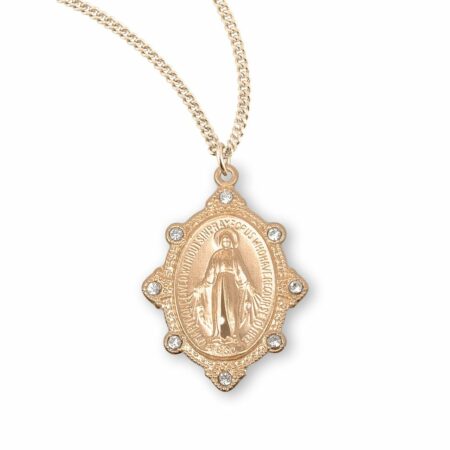 Gold Over Sterling Silver Miraculous Medal Set with Clear Crystals