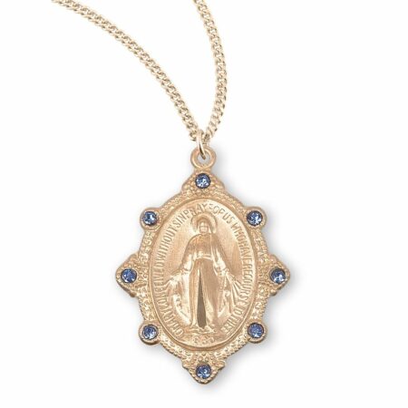 Gold Over Sterling Silver Miraculous Medal Set with Light Sapphire Crystals