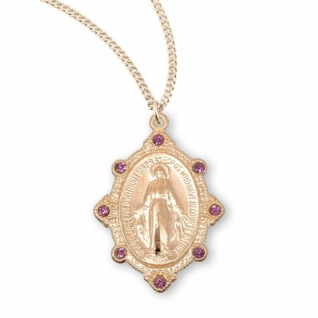 Gold Over Sterling Silver Miraculous Medal Set with Pink Crystals
