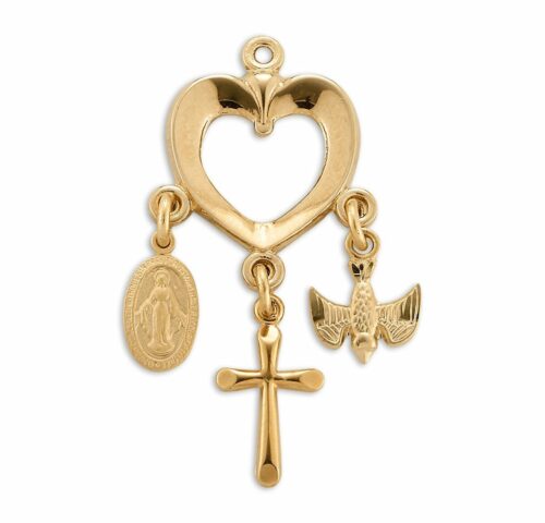 Gold Over Sterling Silver Open Heart with Miraculous Medal, Cross and Holy Spirit Pendants - Image 2