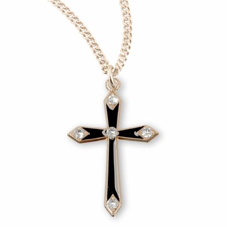 Gold Over Sterling Silver Black Enameled Cross with Five Crystals