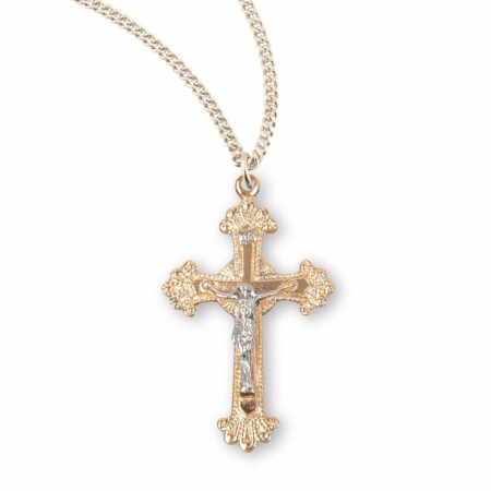 Fancy Engraved Gold Over Sterling Silver Two Toned Crucifix