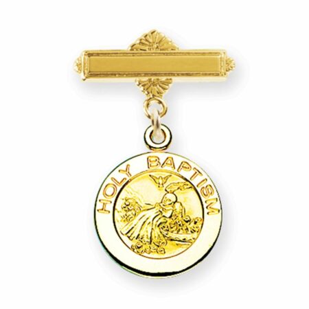 Gold Over Sterling Silver Round Baby Holy Baptism Medal on a Bar Pin