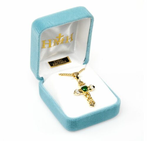 Gold Over Sterling Silver Cross Pendant with Emerald Zircon - Image 3