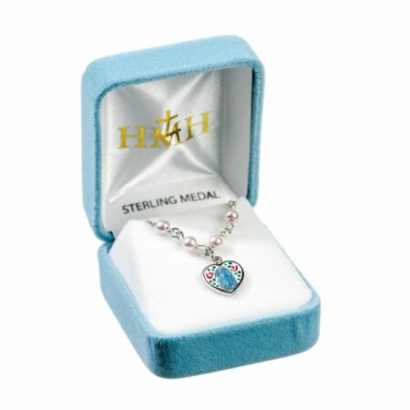 Sterling Silver Miraculous Medal Necklace Adorned with 4mm White Swarovski Crystal Pearl Beads
