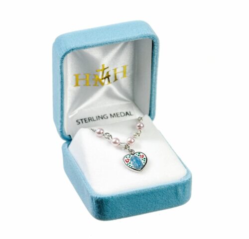 Sterling Silver Miraculous Medal Necklace Adorned with 4mm White Swarovski Crystal Pearl Beads