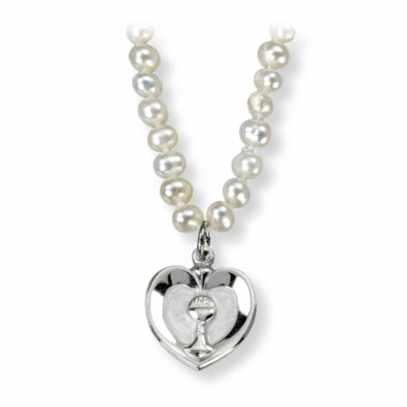 Freshwater Pearl First Communion Necklace with a Two Tone Heart Chalice Pendant