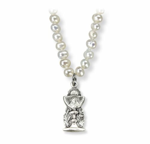 Freshwater Pearl First Communion Necklace Two Tone Cross with Chalice Center