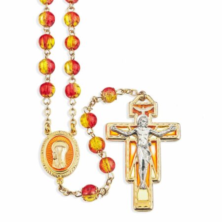 Gold and Red Crackle Bead New England Pewter Rosary