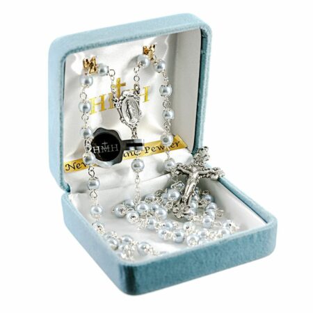 Light Blue Imitation Pearl Double Capped New England Pewter Rosary