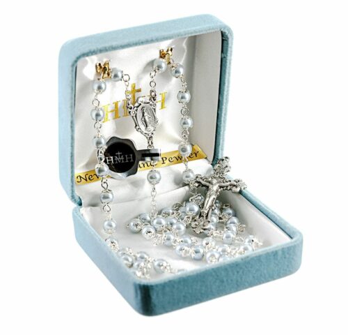 Light Blue Imitation Pearl Double Capped New England Pewter Rosary