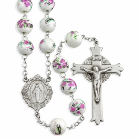 White and Pink Glass Flower Bead New England Pewter Rosary