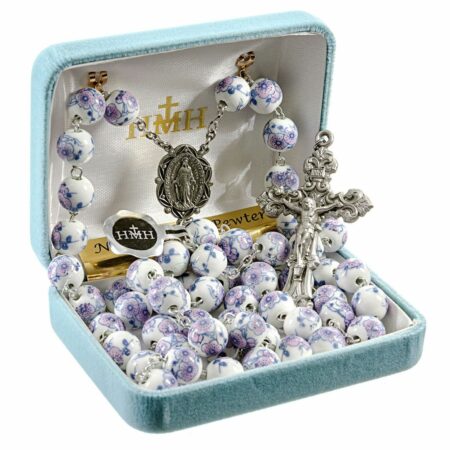 White and Violet Glass Flower Bead New England Pewter Rosary