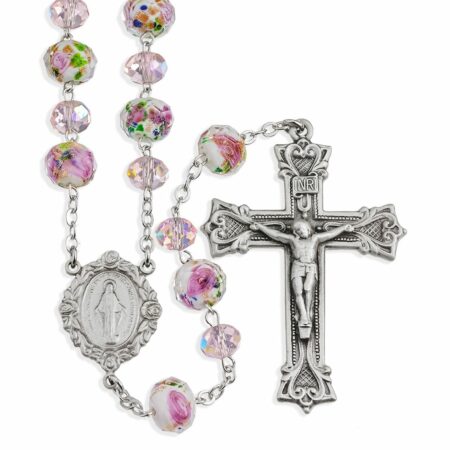 White and Pink Glass Flower Bead New England Pewter Rosary