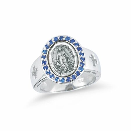 Sterling Silver Miraculous Medal Sapphire Cubic Zirconia Ring Size 5