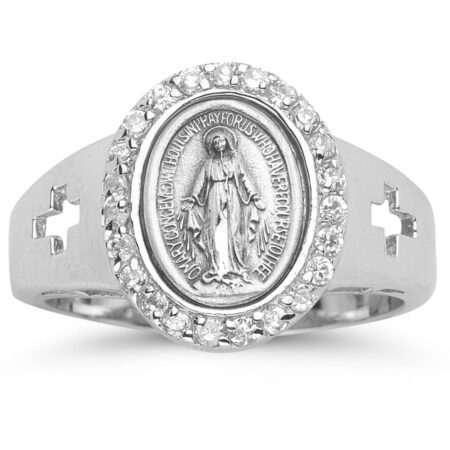 Sterling Silver Miraculous Medal Crystal Cubic Zirconia Ring Size 6
