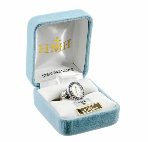 Sterling Silver Miraculous Medal Sapphire Cubic Zirconia Ring Size 7 - Image 2
