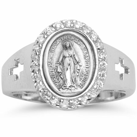 Sterling Silver Miraculous Medal Crystal Cubic Zirconia Ring Size 7