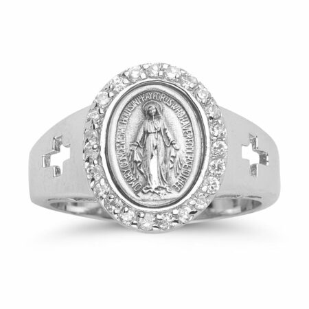 Sterling Silver Miraculous Medal Crystal Cubic Zirconia Ring Size 8