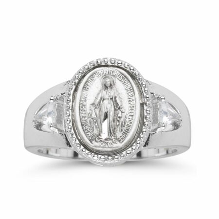 Sterling Silver Miraculous Medal Ring with Two Crystal Cubic Zirconias Size 5