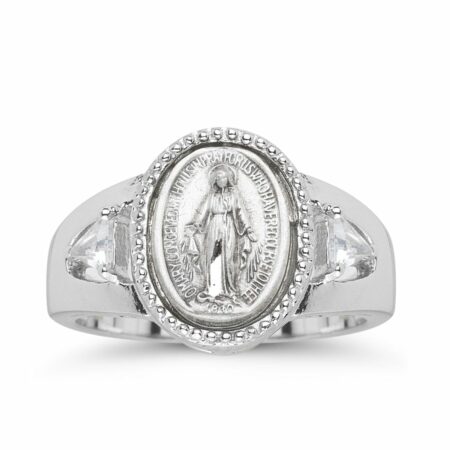 Sterling Silver Miraculous Medal Ring with Two Crystal Cubic Zirconias Size 6