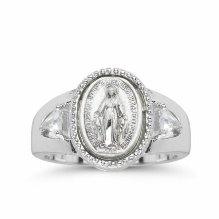 Sterling Silver Miraculous Medal Ring with Two Crystal Cubic Zirconias Size 7