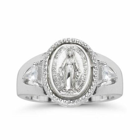 Sterling Silver Miraculous Medal Ring with Two Crystal Cubic Zirconias Size 8