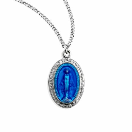 Sterling Silver Oval Blue Miraculous Medal