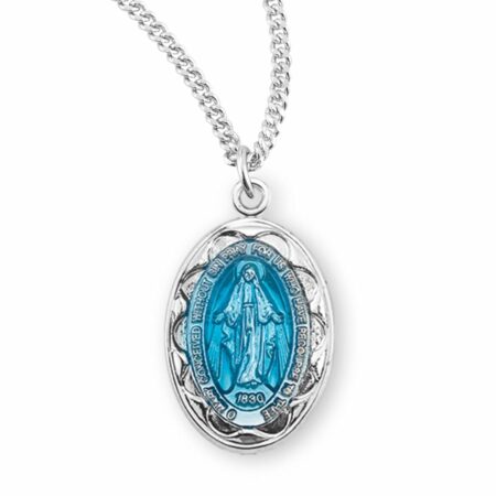 Sterling Silver Oval Blue Enameled Miraculous Medal