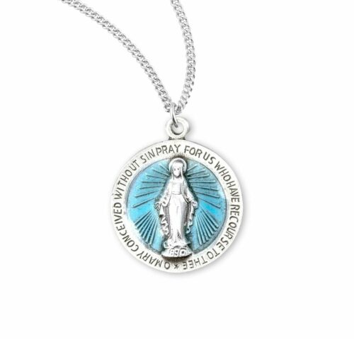 Sterling Silver Round Blue Miraculous Medal