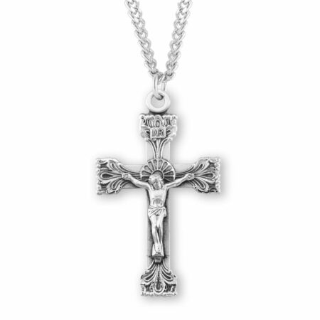 Extended Leaf Etched Sterling Silver Crucifix