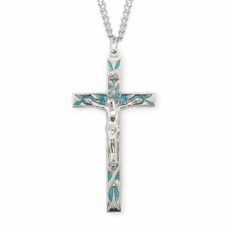 High Polished Blue Enameled Sterling Silver Crucifix