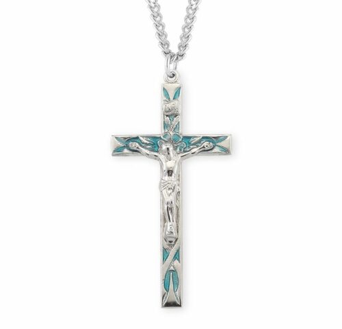High Polished Blue Enameled Sterling Silver Crucifix