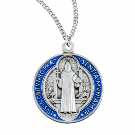Saint Benedict Round Blue and Red Enameled Jubilee Sterling Silver Medal