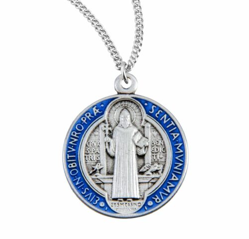 Saint Benedict Round Blue and Red Enameled Jubilee Sterling Silver Medal