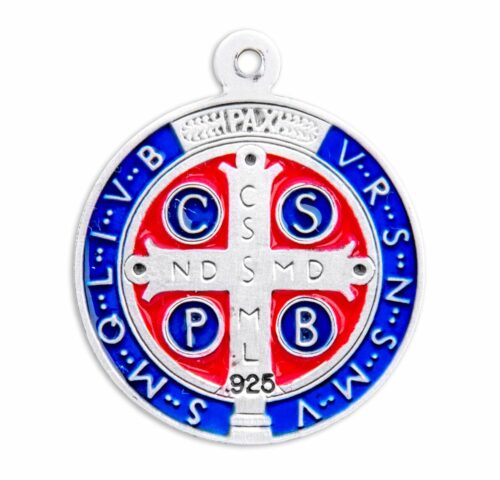 Saint Benedict Round Blue and Red Enameled Jubilee Sterling Silver Medal - Image 3