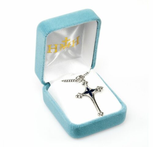Sterling Silver Cross with Blue Enameled Center - Image 3