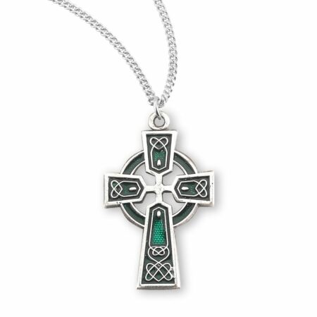 Sterling Silver Green Enameled Irish Celtic cross Pendant