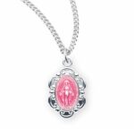 Sterling Silver Pink Enameled Oval Fancy Edge Miraculous Medal